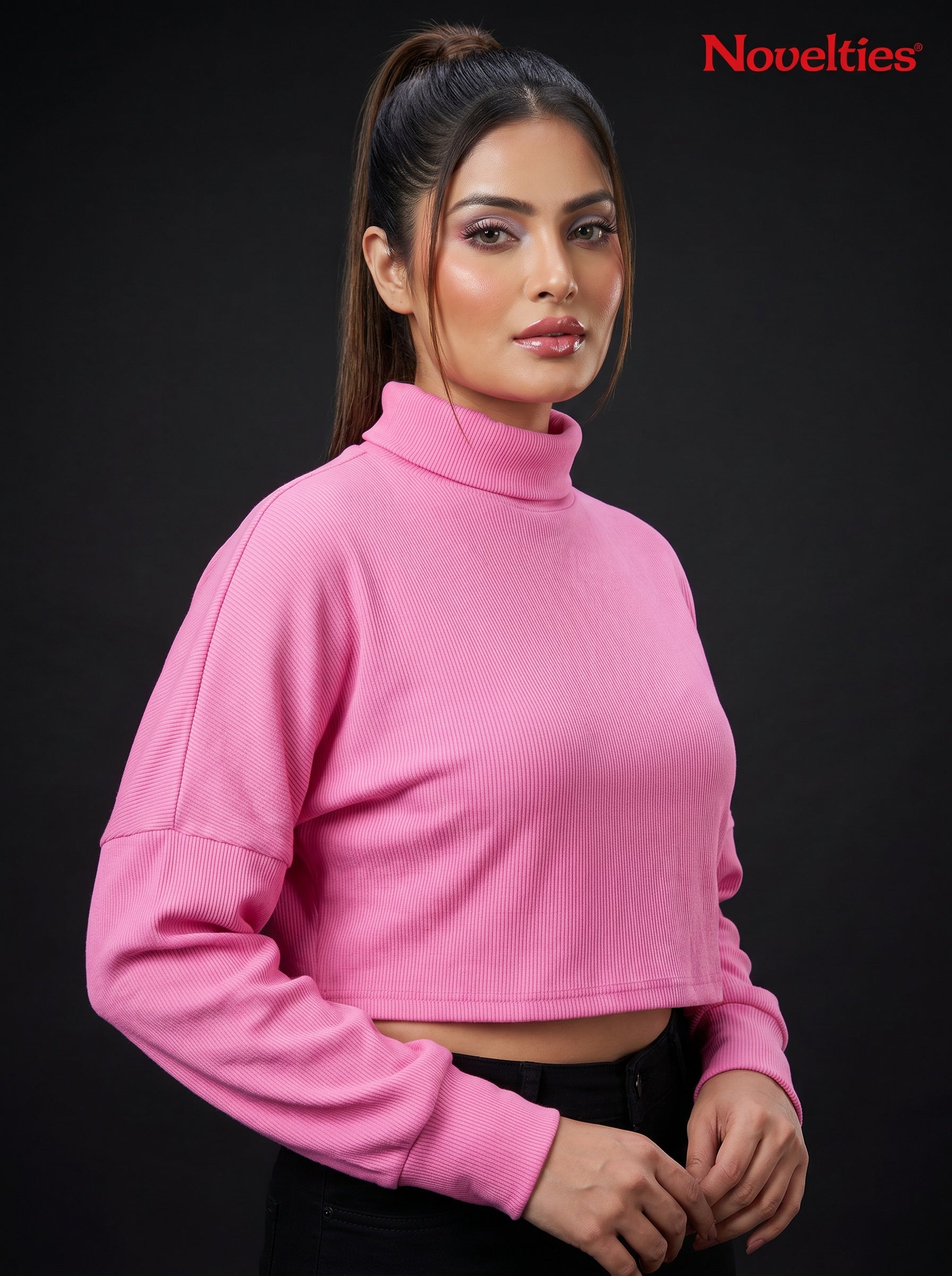Pink Ribbed Turtleneck Crop Top