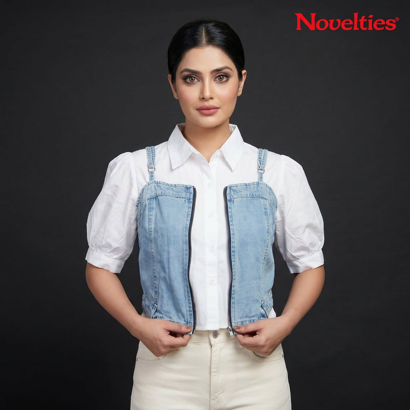Denim Blue Zip-Front Corset Vest