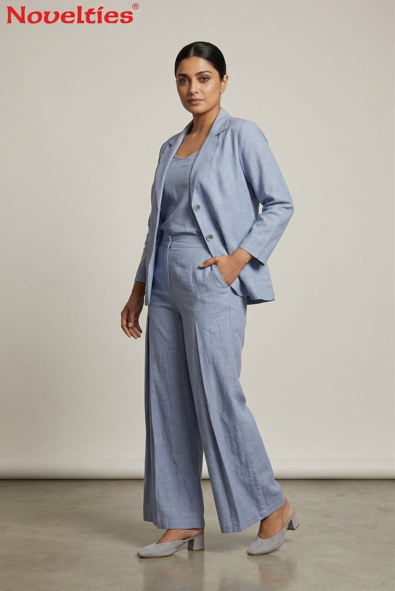 Blue Linen Blazer & Wide-Leg Pant Set