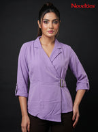 Wrap-Style Notch Lapel Top with Side Buckle