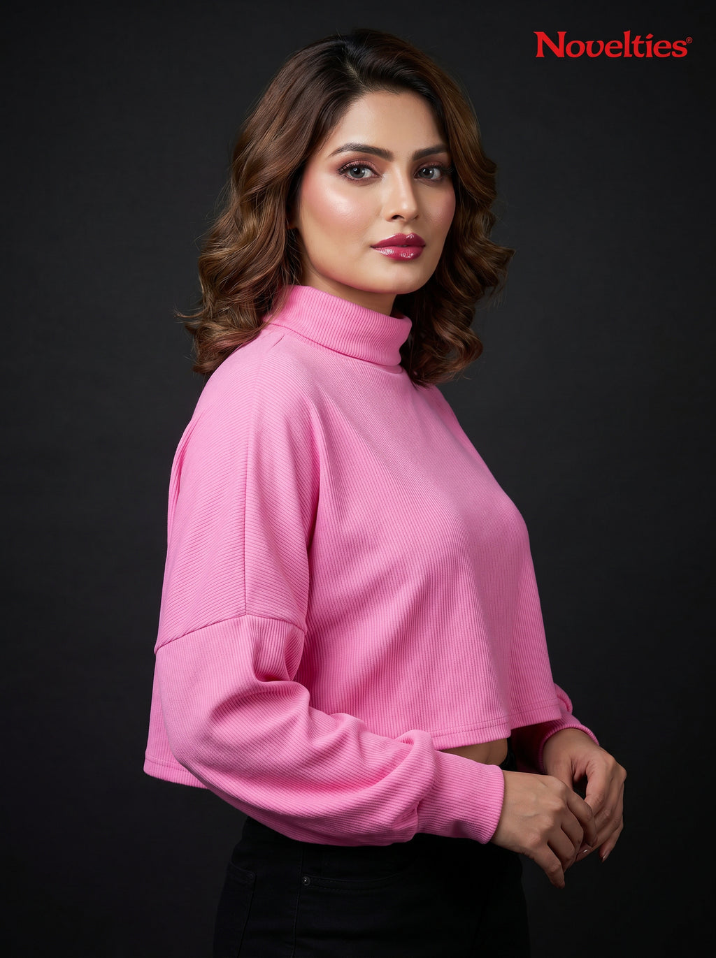 Pink Ribbed Turtleneck Crop Top