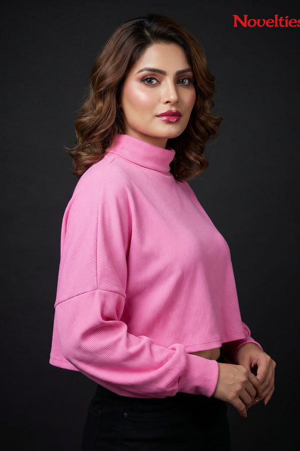 Pink Ribbed Turtleneck Crop Top