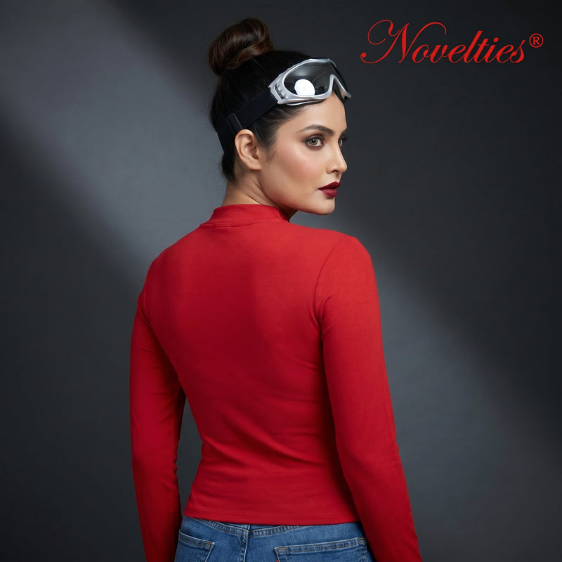 Choker Neck Ruched Full Sleeve Crop Top
