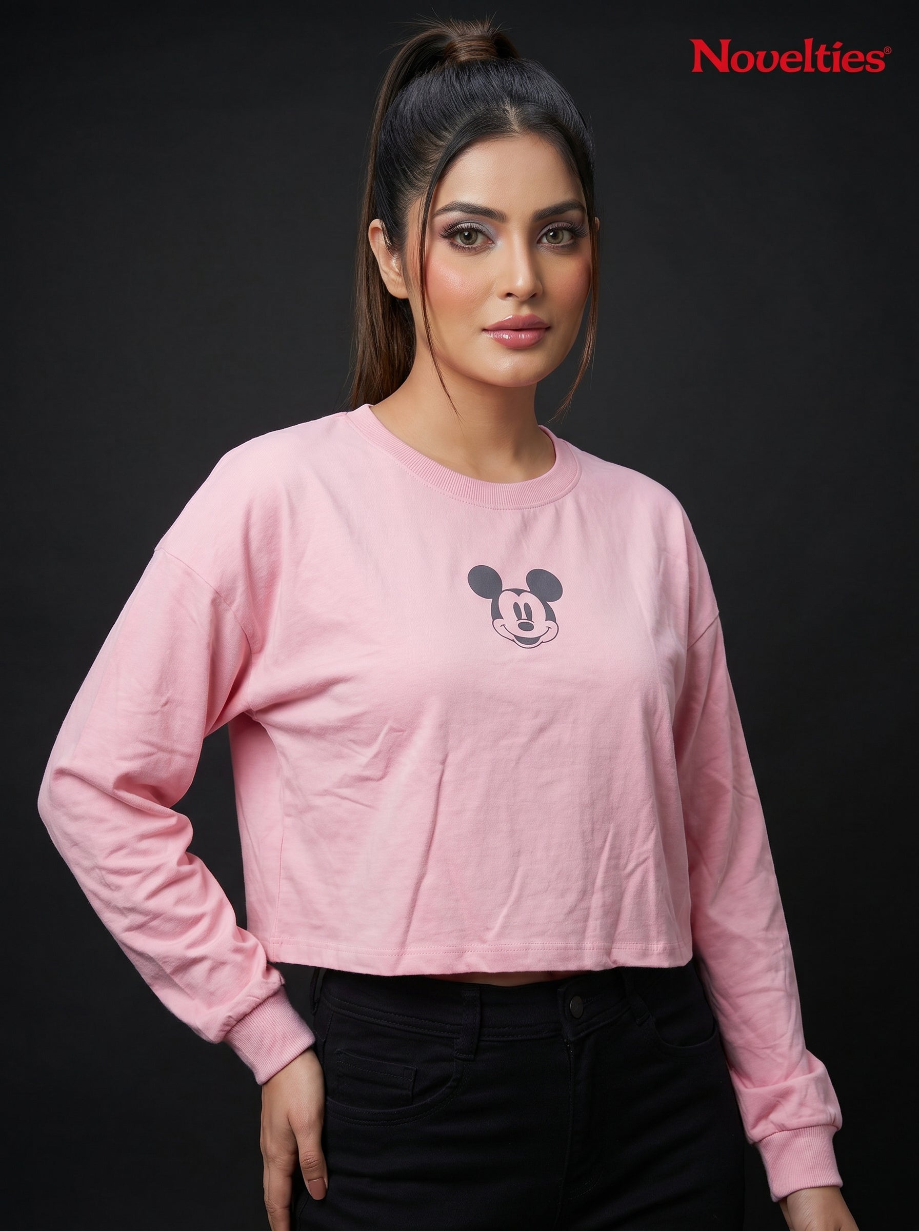 Mickey Mouse Graphic Print Oversized Crop Sweatshirt
