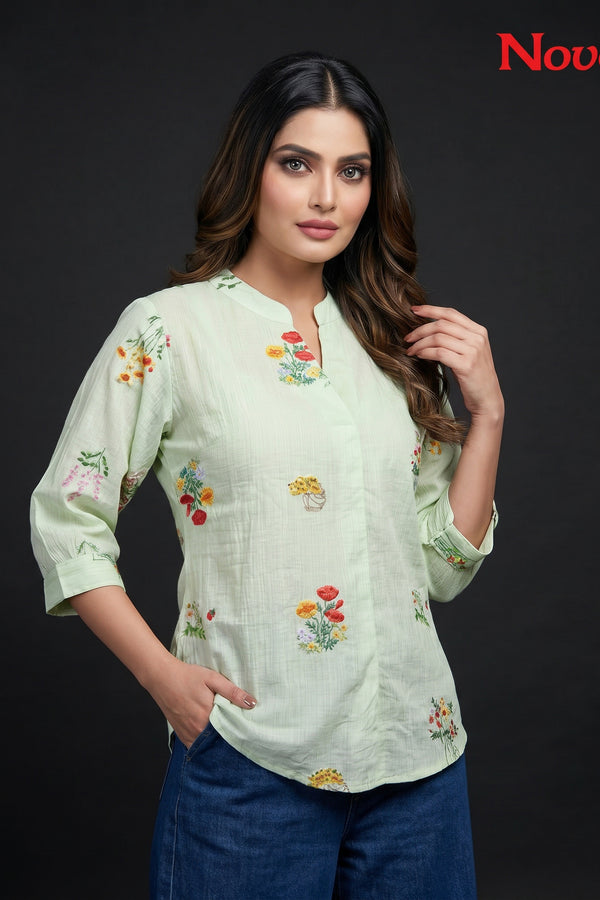 Mint Floral Embroidered Tunic Top