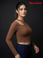 Ribbed Shoulder Cutout Crew Neck Cropped Long Sleeve Top