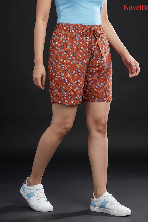 Rust Floral Print Shorts