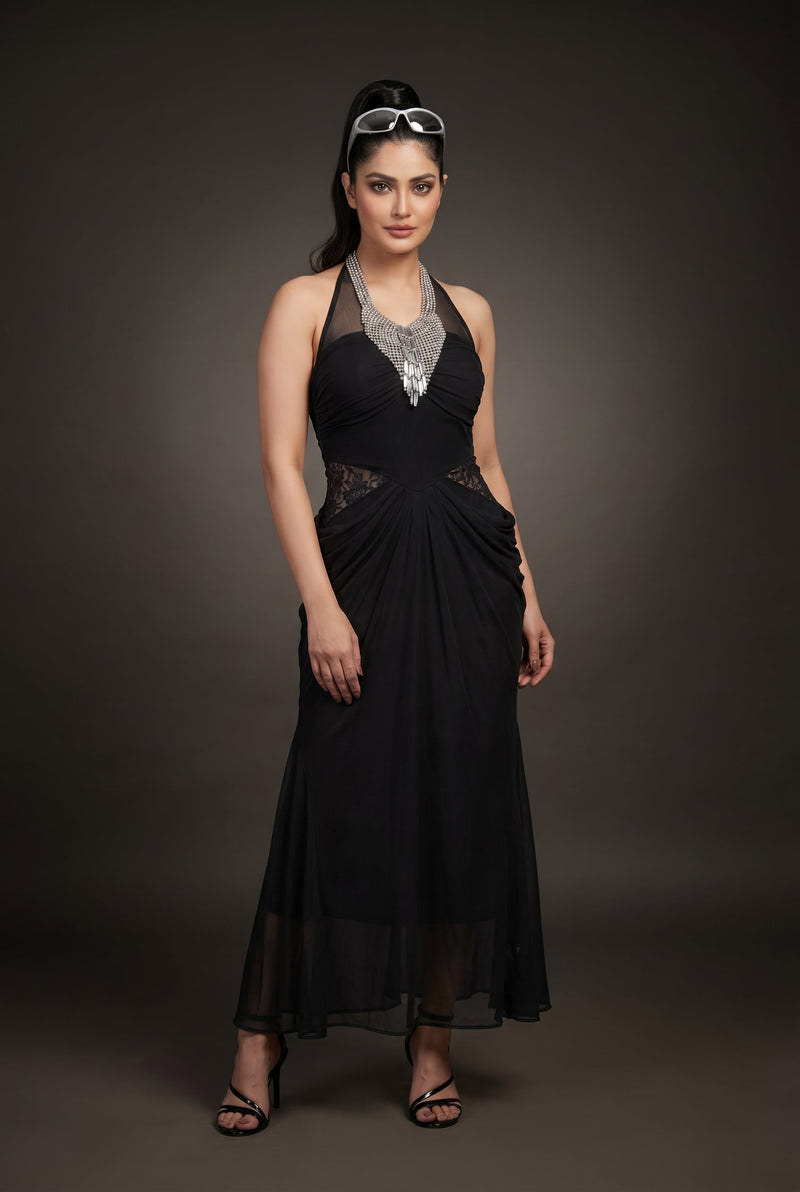 Black Halter Neck Draped Maxi Dress