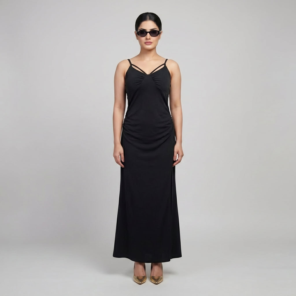 Black Double Strap Ruched Maxi Dress