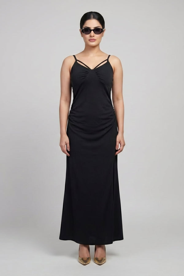 Black Double Strap Ruched Maxi Dress