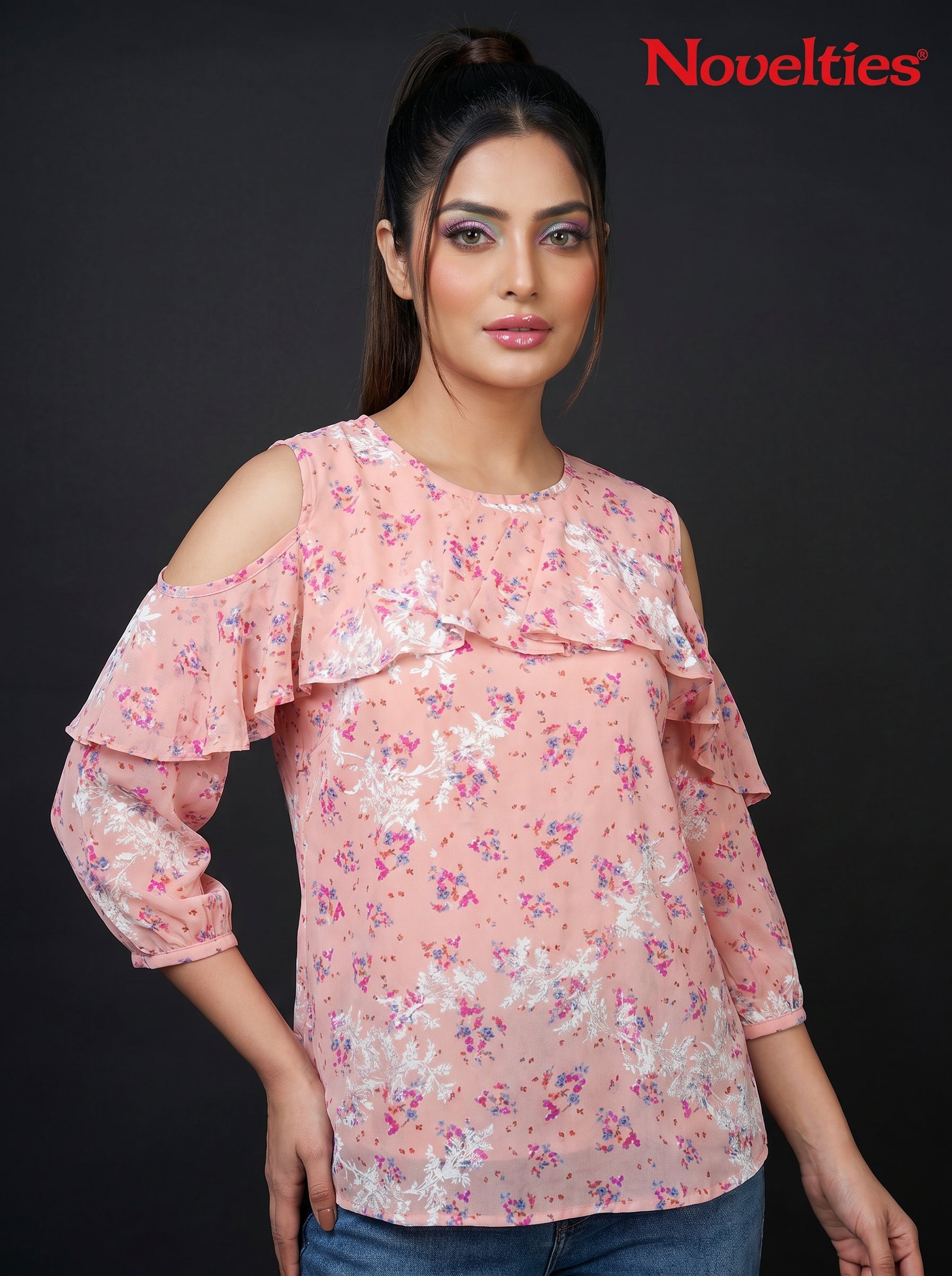 Ditsy Floral Print Cold-Shoulder Ruffle Top
