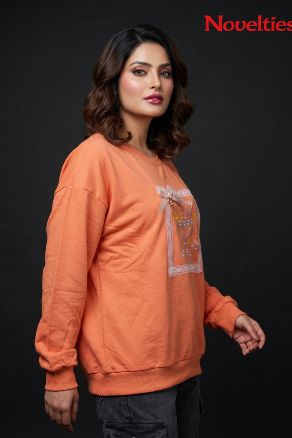 Coral Peach Graphic Bow Sweatshirt