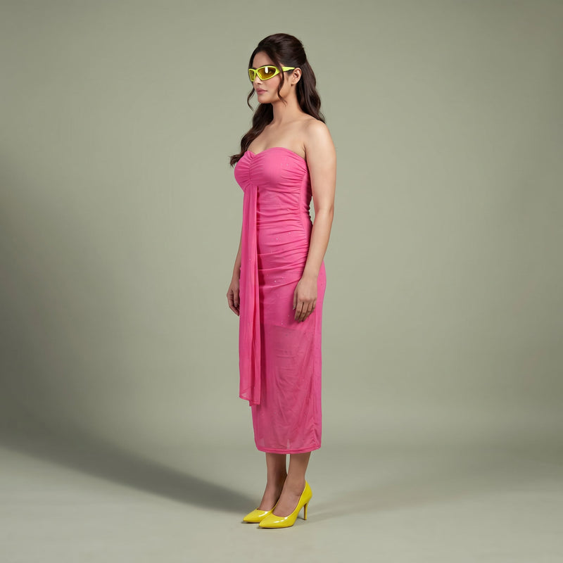 Hot Pink Ruched Mesh Midi Dress