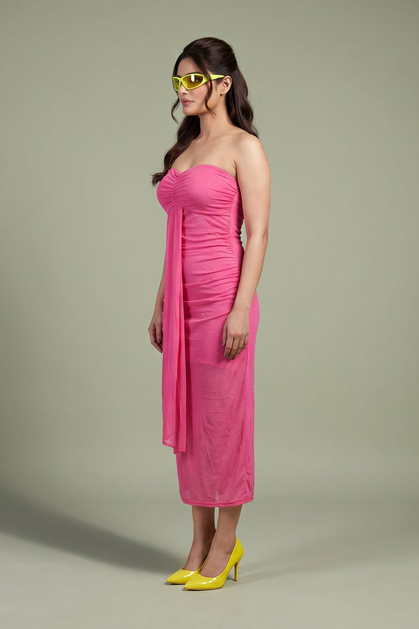 Hot Pink Ruched Mesh Midi Dress