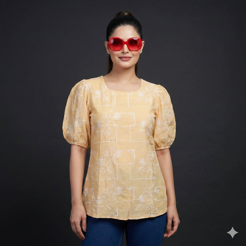 Butter Yellow Schiffli Puff Sleeve Top