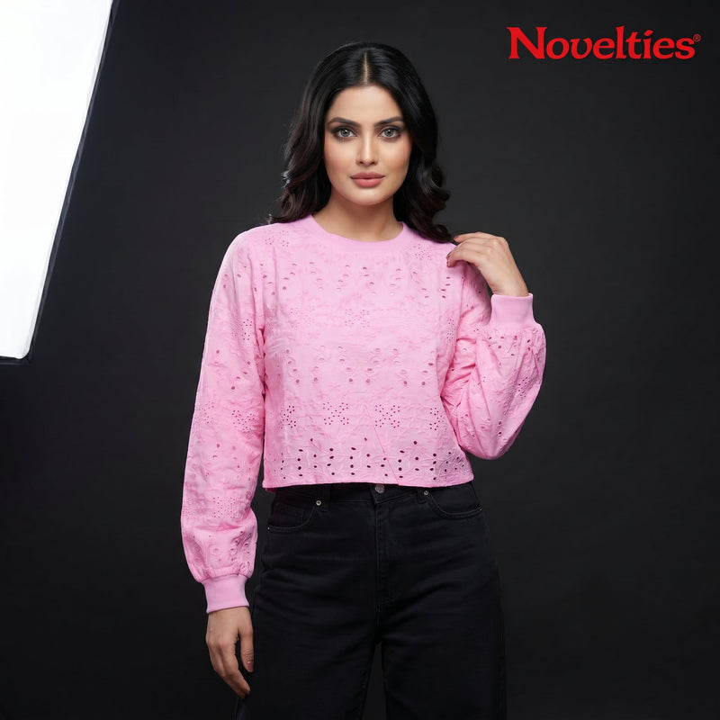 Pink Schiffli Eyelet Embroidered Puff Sleeve Crop Top