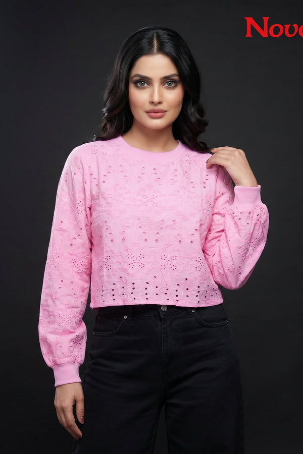 Pink Schiffli Eyelet Embroidered Puff Sleeve Crop Top
