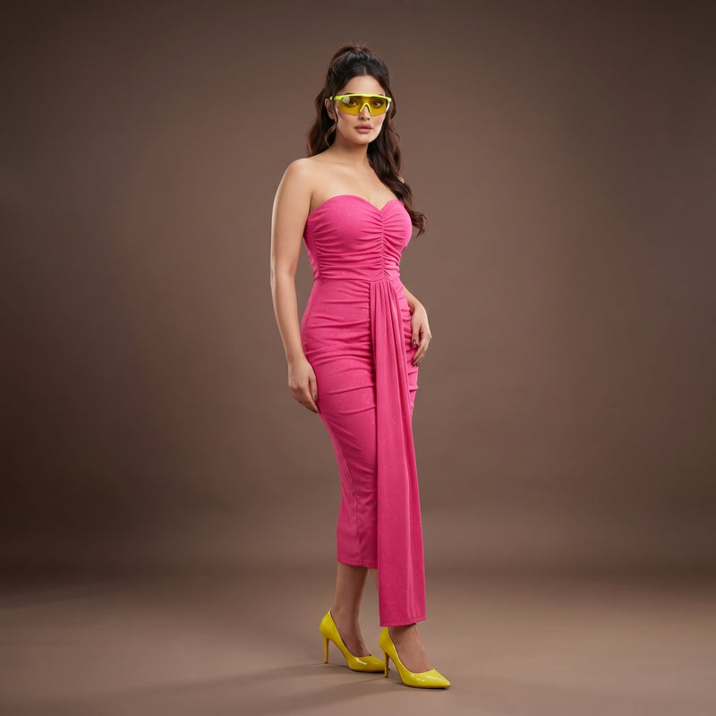 Hot Pink Ruched Mesh Midi Dress