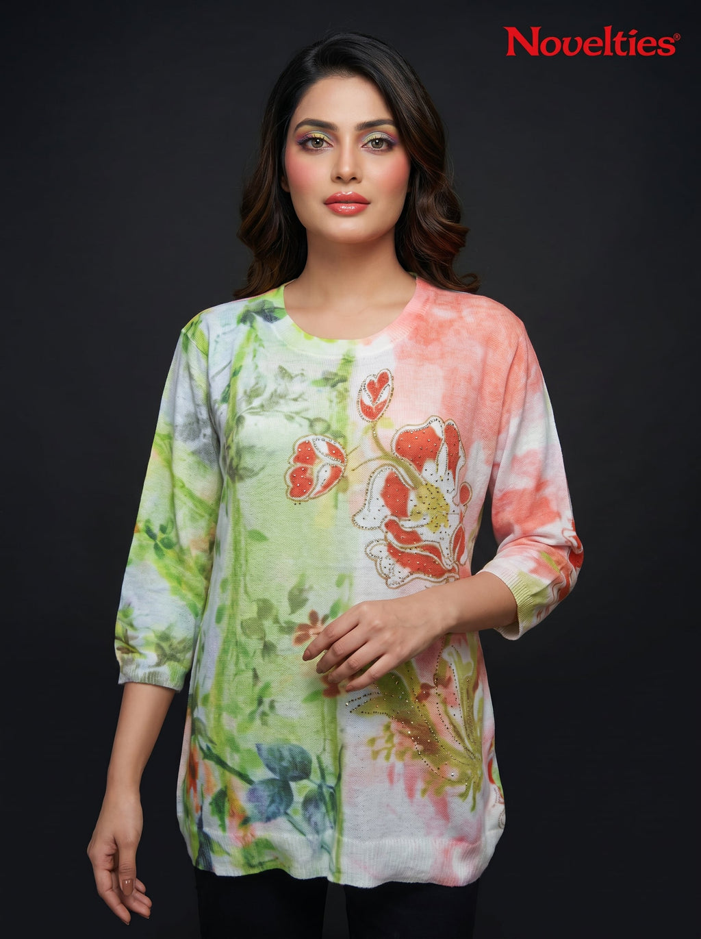 Botanical Digital Print Embellished Round Neck Tunic Top