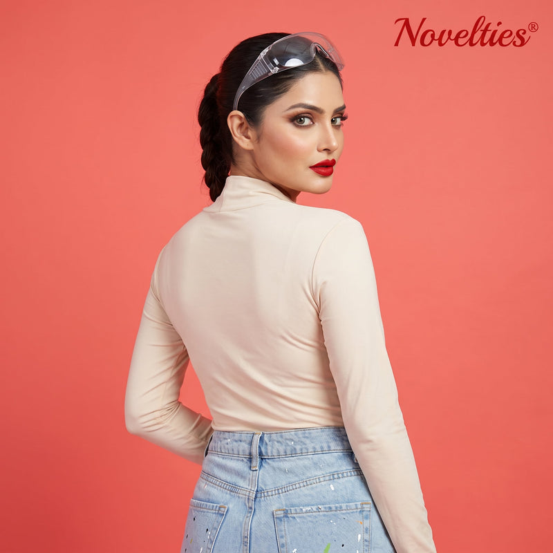 Cream Tie-Front Full Sleeve Crop Top